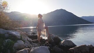 Meditation by the sea. Yoga at dawn. Morning meditation. Mountains. Montenegro. Mila Naturist