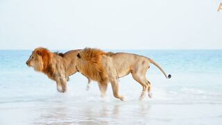 Animalia - Lions Kal and Kimbo enjoy the beach