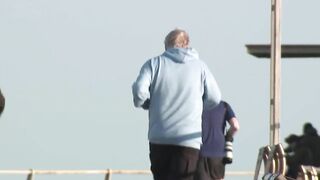 Boris running on Blackpool beach with added Baywatch theme.