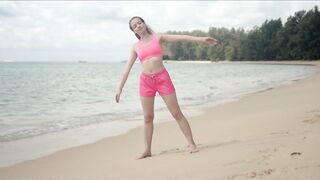 Active woman in pink swimsuit making workout on beach ???? Lingerie Bra & Panties Try On Haul