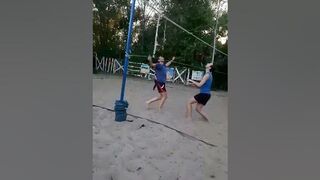 Beach volleyball, slept through the kick, after a good block.