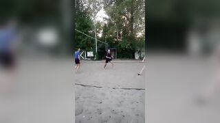 Beach volleyball, slept through the kick, after a good block.
