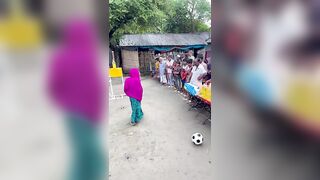 Funny challenge of throwing ball. Village Women winning useful Rewards