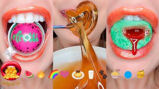 Satisfying ASMR Eating Emoji Food Challenge JELLY STRAWS GUMMY BALLS MELON TOAST Mukbang 먹방