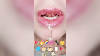 Satisfying ASMR Eating Emoji Food Challenge JELLY STRAWS GUMMY BALLS MELON TOAST Mukbang 먹방