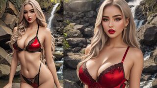 Exotic AI models in lingerie posing near a waterfall | AI Art Lookbook | AI Beauty and Art