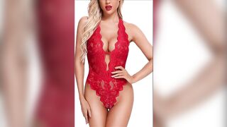 Lingerie pour femme ajourée en dentelle florale, body une pièce, décolleté en V profond, sous-