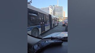 Close up look of New York long and flexible bus. Subscribe