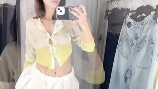 [4K] Transparent Check Clothes Try on Haul _ No Bra Challenge