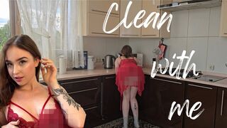 [4K] TRANSPARENT cleaning kitchen| Clean with me | See-Through Lingerie| No bra |Try on Housewife