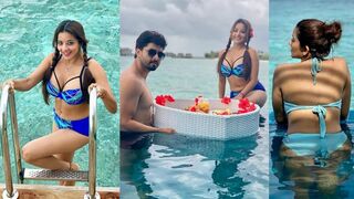 Bhojpuri Actress Monalisa having fun in Pool wearing Blue Bikini with Husband