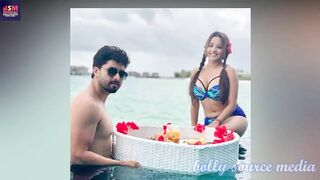 Bhojpuri Actress Monalisa having fun in Pool wearing Blue Bikini with Husband