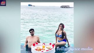 Bhojpuri Actress Monalisa having fun in Pool wearing Blue Bikini with Husband