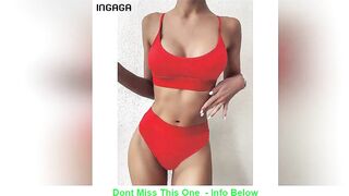 INGAGA High Waist Bikinis 2021 Swimwear Women Push Up Swimsuits Solid Brazilian Bikini Ribbed Biqui