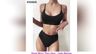 INGAGA High Waist Bikinis 2021 Swimwear Women Push Up Swimsuits Solid Brazilian Bikini Ribbed Biqui