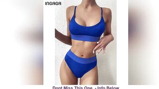 INGAGA High Waist Bikinis 2021 Swimwear Women Push Up Swimsuits Solid Brazilian Bikini Ribbed Biqui