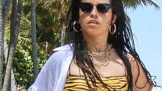Camila Cabello sends temperatures soaring with her tiger-stripe bikini as she hits the beach